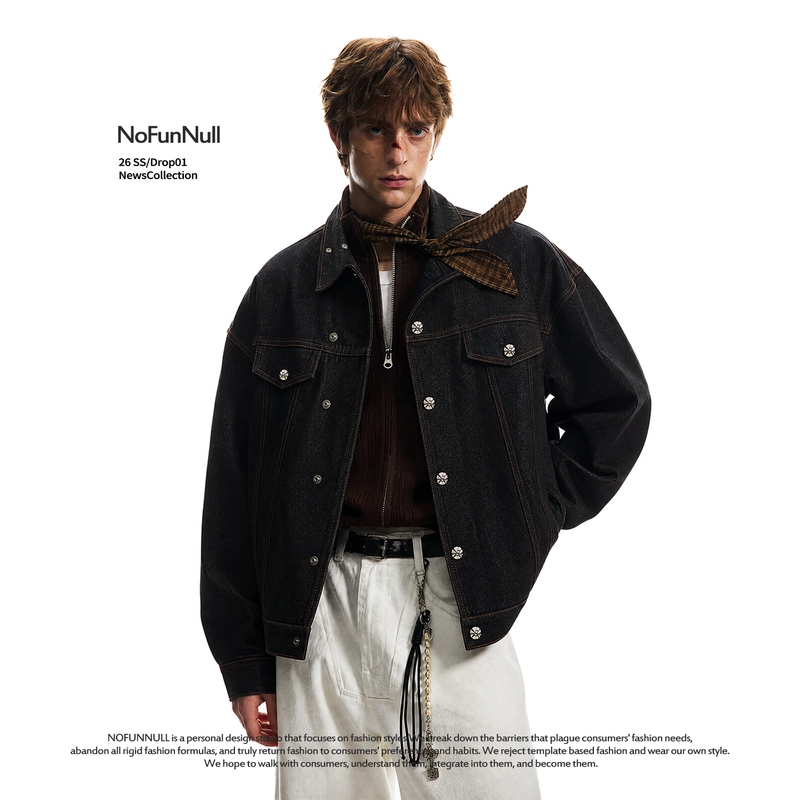 Nofunnull Retro Raw Denim Structured Jacket for Men and Women, Autumn Short Wide Deconstructed Irregular Diagonal Collar Denim Coat