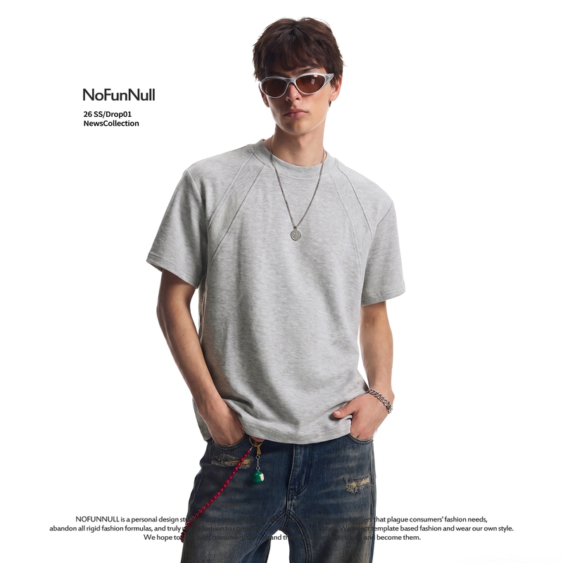 Nofunnull280G Australian-Made Space Cotton Spliced Short-Sleeved T-Shirt for Men and Women, Summer Boxy Short Wide Anti-Wrinkle Top