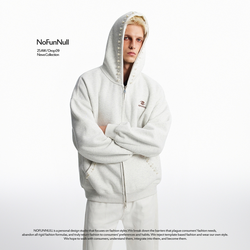 [Celebrity Style] Nofunnull Spring 400g Heavyweight American Trendy Brand Beaded Hooded Sweatshirt Unisex Jacket