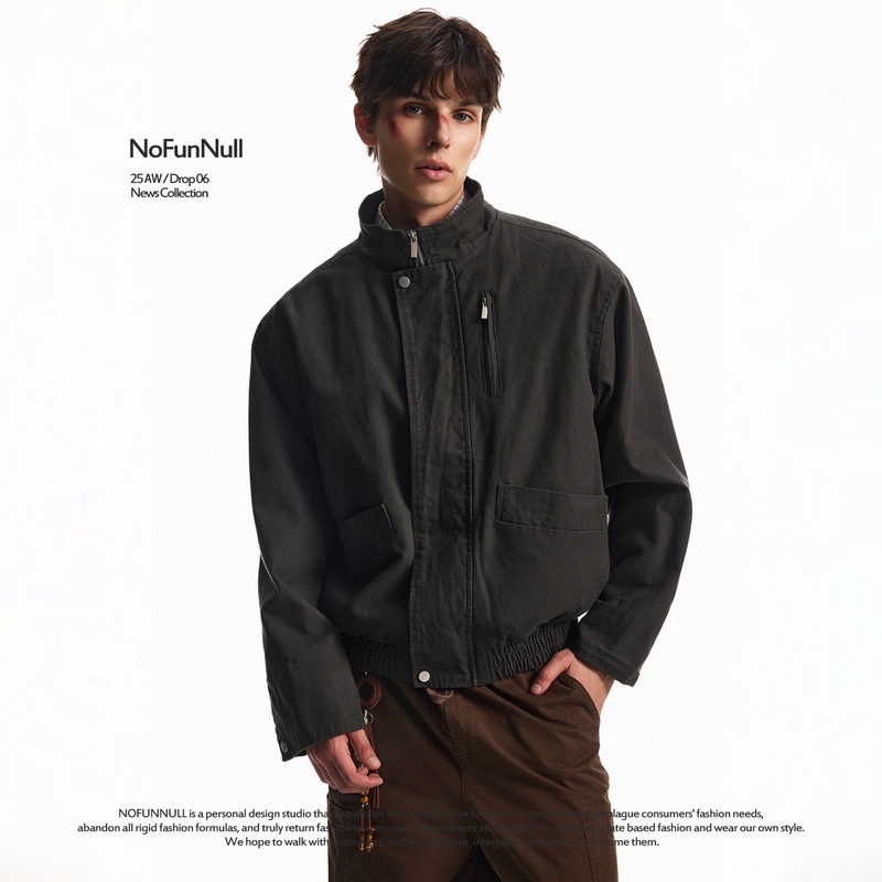 Nofunnull American-Style Cleanfit Retro Stand-Up Collar Flight Jacket Autumn Unisex Boxy Workwear Jacket Trendy