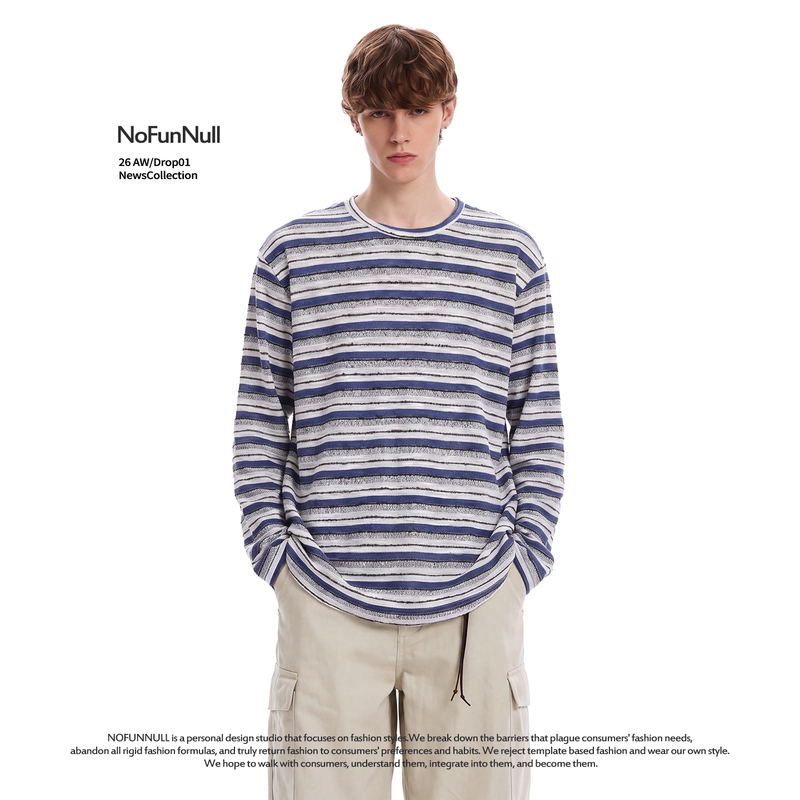 Nofunnull Lazy Style Color-Block Striped Long-Sleeve T-Shirt for Men and Women, Autumn Fleece-Like Mixed Yarn Raw Edge Base Shirt Tee