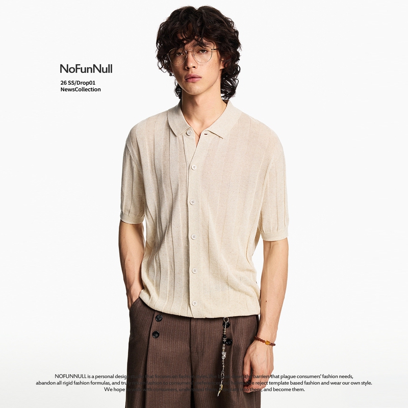 Nofunnull Old Money Style Knitted Lyocell Cardigan Short Sleeve Summer Unisex Textured Lapel Half-Sleeve Top