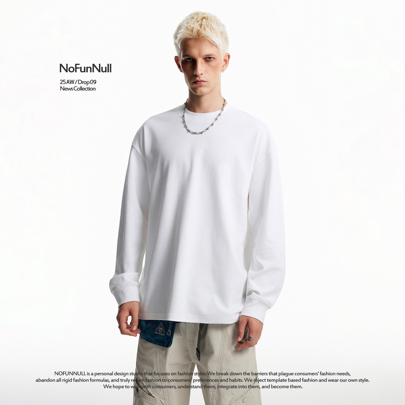 Nofunnull260G Heavyweight Light Oxygen Cotton American-Style Round Neck Long-Sleeved T-Shirt for Men and Women, Loose Casual Solid Color Base Shirt