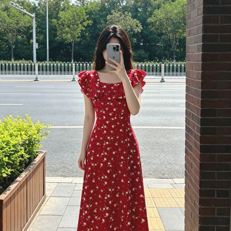 Summer French-Style Red Floral Dress for Women, Waist-Cinching, Slimming, Elegant, High-End, Mid-Length Dress for Petite Women Summer French-Style Red Floral Dress for Women, Waist-Cinching, Slimming, Elegant, High-End, Mid-Length Dress for Petite Women