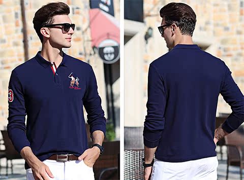 Mùa thu và mùa đông thêu màu rắn áo thun dài tay bằng lụa XL hạt cotton áo thun dày nam ve áo polo áo poloman