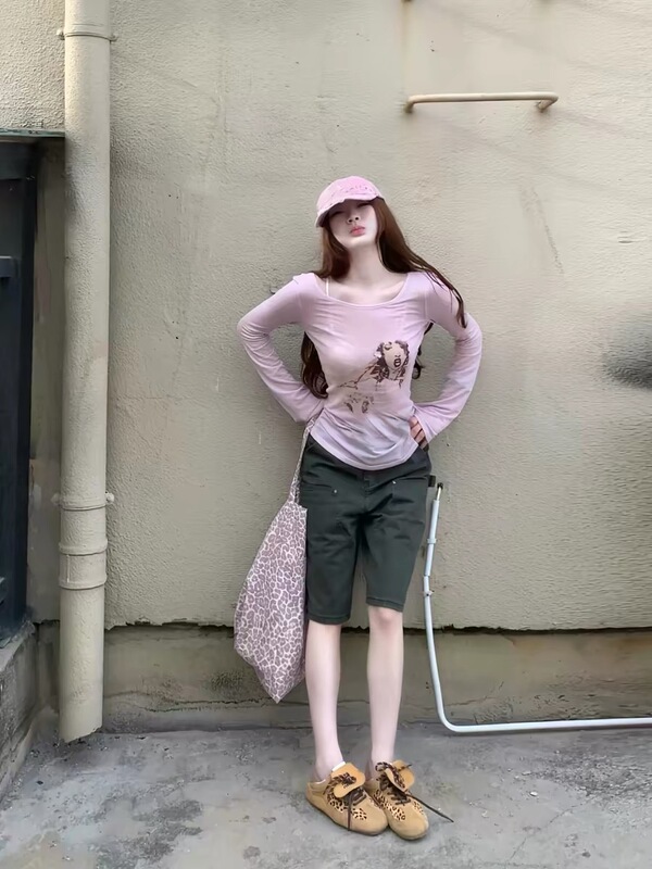 Sweetie/26Ss Korean-Style Gentle Style Baby Pink Soft and Waxy Portrait Print Long-Sleeved T-Shirt Sun Protection Top for Women