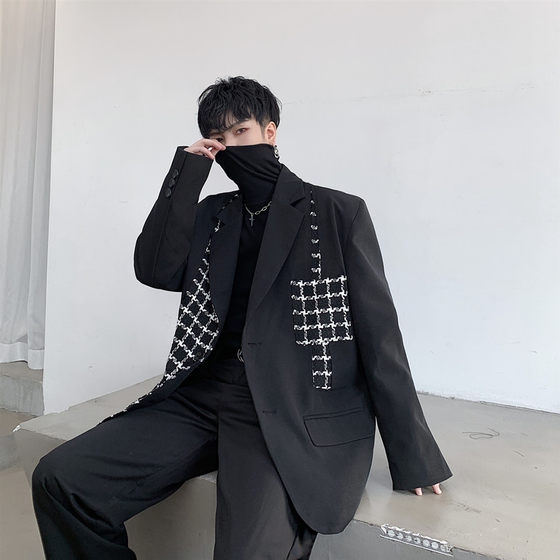 Yamamoto Dark Style Retro Loose Small Suit Jacket Men's Personalized Plaid Splicing Design Trendy Internet Celebrity Suit