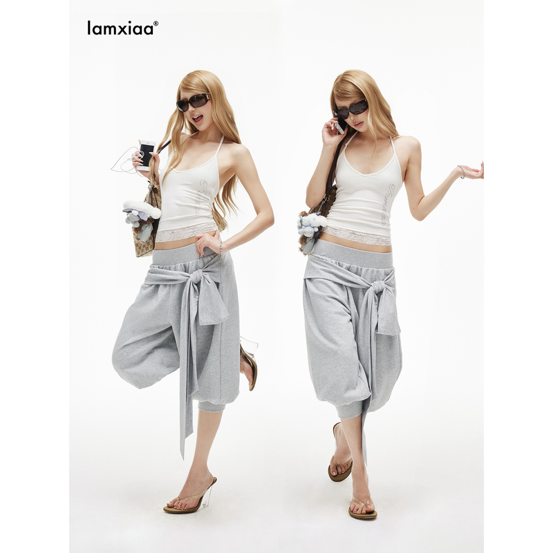 Iamxiaa* Floral Gray Skin-Friendly Cotton-Feel Ribbed Wide-Waist Tie-Up Loose Drop-Crotch Cropped Harem Sweatpants