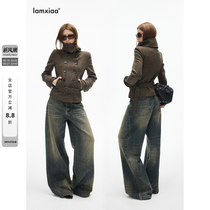 Iamxiaa* Unique Cement Yellow Color-Blocked Denim Distressed Washed Deconstructed Pocket Vintage Classic Straight-Leg Pants Iamxiaa* Unique Cement Yellow Color-Blocked Denim Distressed Washed Deconstructed Pocket Vintage Classic Straight-Leg Pants