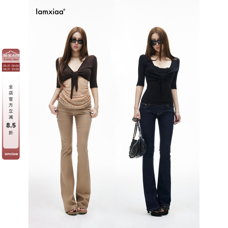 Iamxiaa* Contains Mercerized Wool, Stretchy Knit, V-Neck, Open-Front, Mid-Sleeve, Layered Style, Waist-Revealing, Short Two-Tone Cardigan