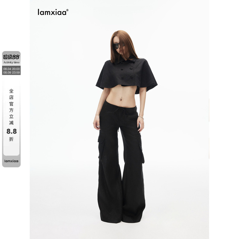 Iamxiaa* Refreshing Cotton and Linen Classic Lapel Court-Style Double-Breasted Short Cropped A-Line Cape with Built-In Bra Iamxiaa* Refreshing Cotton and Linen Classic Lapel Court-Style Double-Breasted Short Cropped A-Line Cape with Built-In Bra