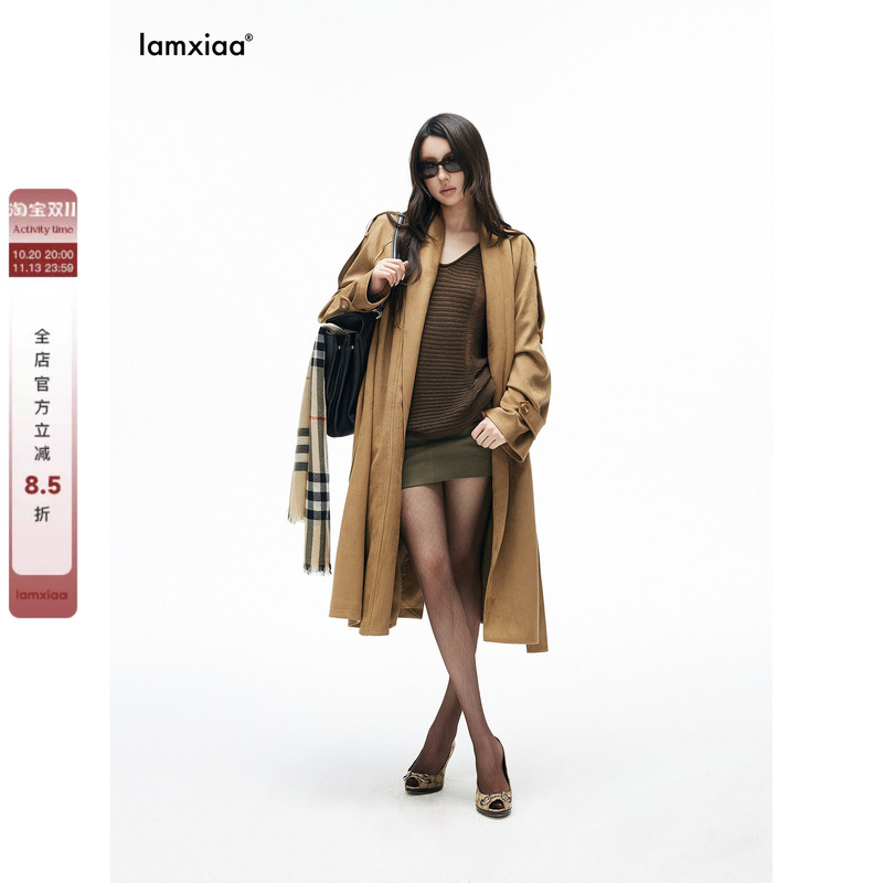 Iamxiaa* Yellow-Brown Cowhide Suede Adjustable Shoulder Strap Collarless Bathrobe-Style Wrap Tie Wide-Fit Long Trench Coat Iamxiaa* Yellow-Brown Cowhide Suede Adjustable Shoulder Strap Collarless Bathrobe-Style Wrap Tie Wide-Fit Long Trench Coat