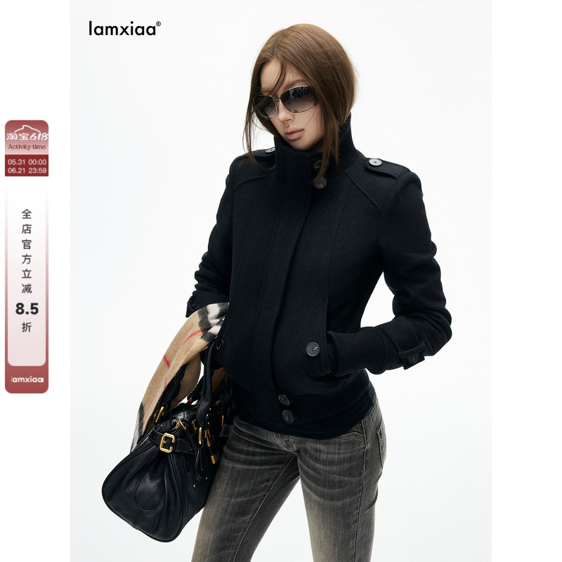 Iamxiaa* Wool-Blend Tweed Slim-Fit Structured Light and Warm Quilted Cotton Stand Collar Epaulette Short Wide Jacket Coat