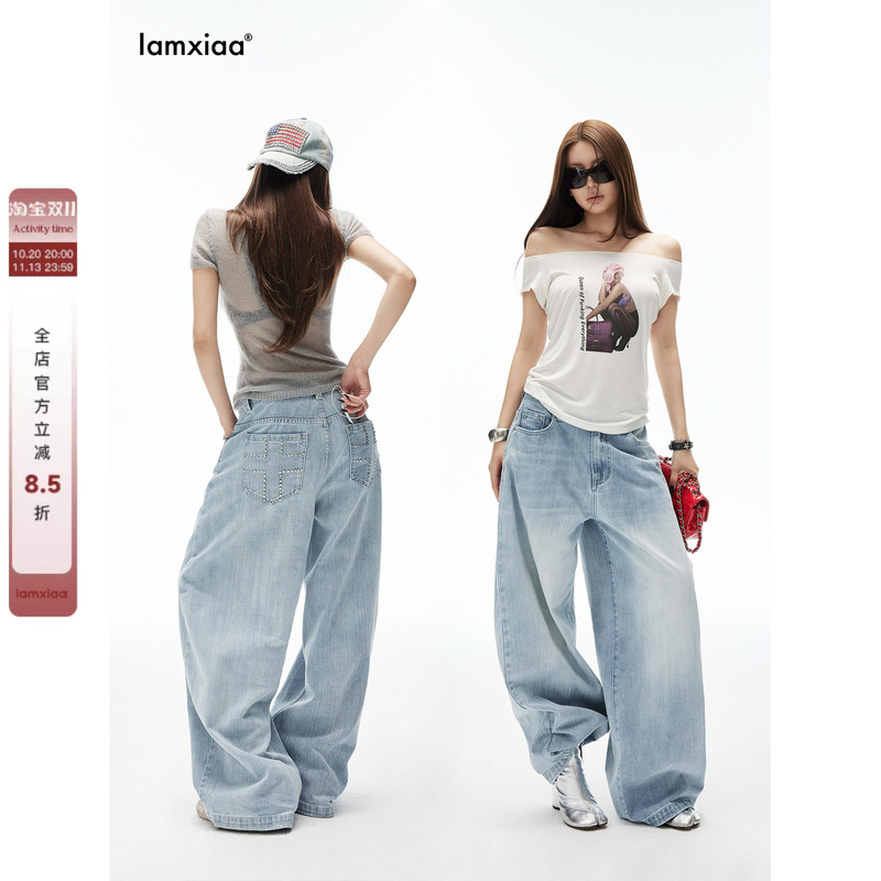 Iamxiaa* Cotton Slub Vertical Stripe Light Blue Vintage Washed Handmade Rivet-Decorated Low-Rise Loose Jeans Iamxiaa* Cotton Slub Vertical Stripe Light Blue Vintage Washed Handmade Rivet-Decorated Low-Rise Loose Jeans