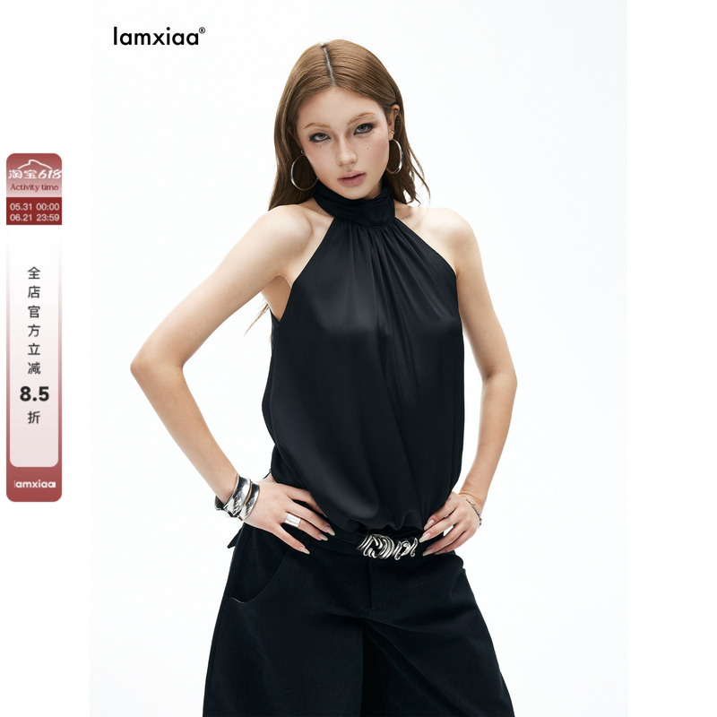 Iamxiaa* Halter Neck Ruched Shoulder-Cutout Sleeves with an Elegant Ribbon at the Back of the Neckline, Faux Acetate Satin-Like Chiffon Loose Top
