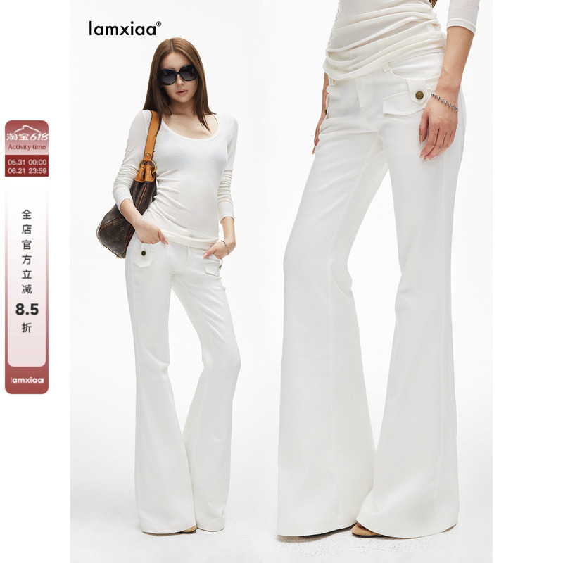 Iamxiaa* Tencel Cotton Non-Stretch Twill Denim Double-Button Workwear Pocket Flap 70's Retro White Bootcut Pants