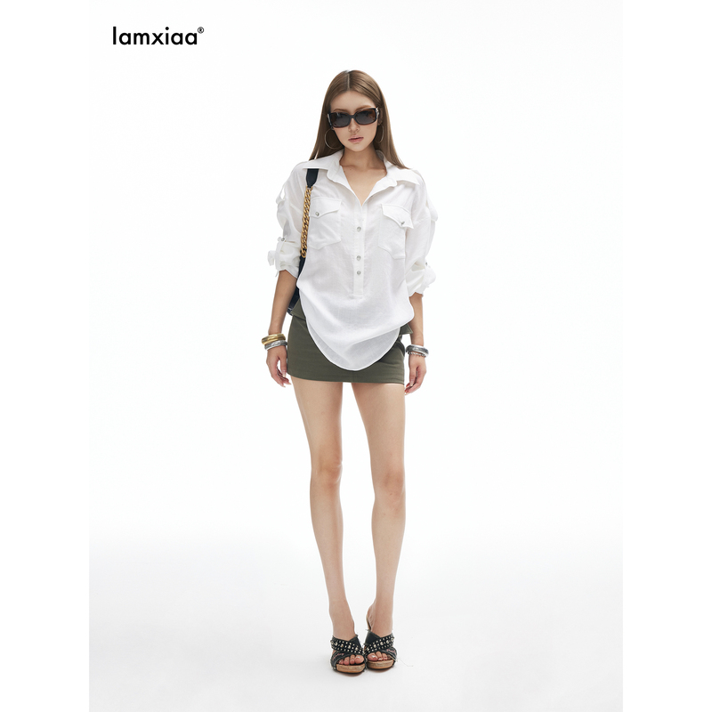 Iamxiaa* Tencel Linen Breathable and Comfortable Adjustable Sleeve Loops Back Waist Tie Metal Handmade Buckle Os Shirt