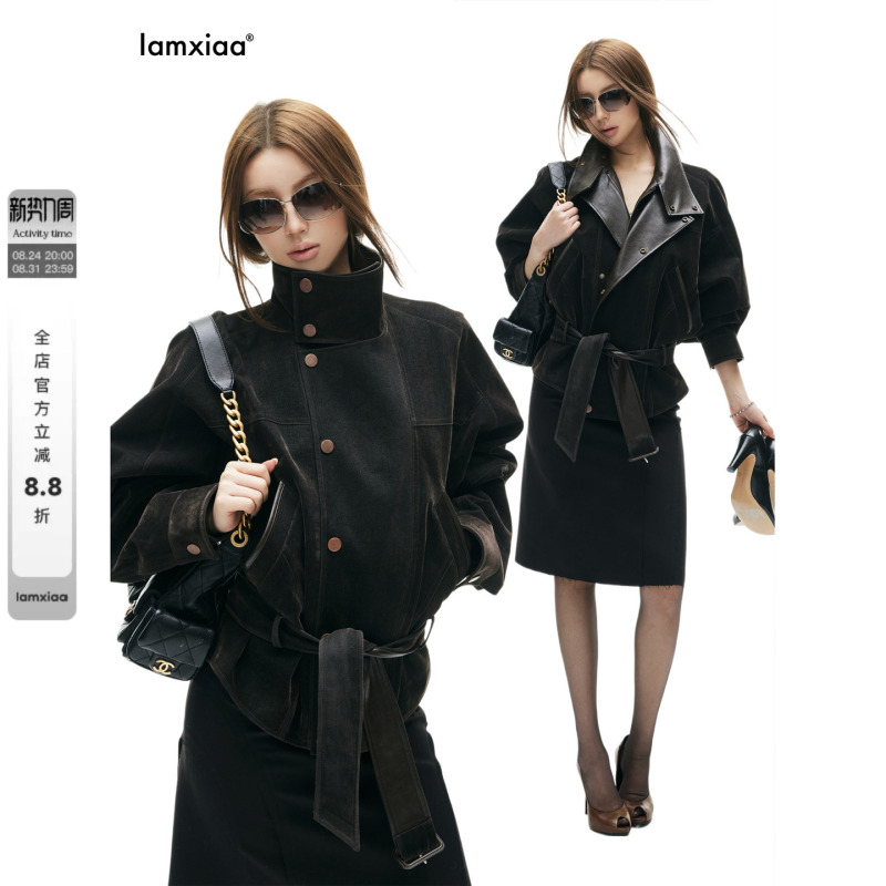 Iamxiaa* Cotton Twill Flocked Denim Patchwork Leather Two-Way Collar Lantern Sleeve Belted Vintage Loose Jacket Coat
