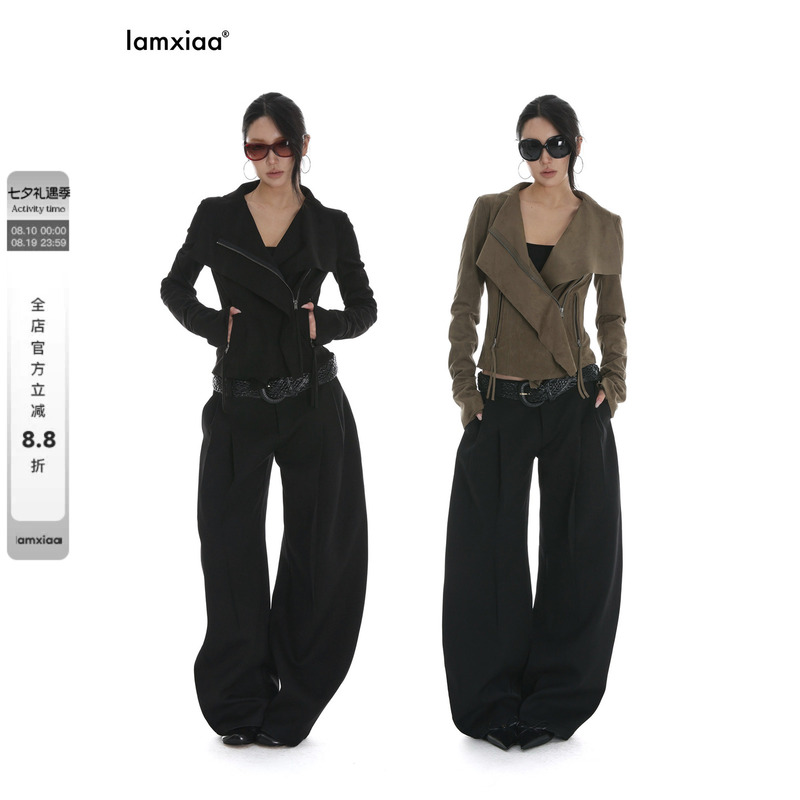 Iamxiaa* Visual Style Suede Lapel Three-Dimensional Cut Slim Short Jacket