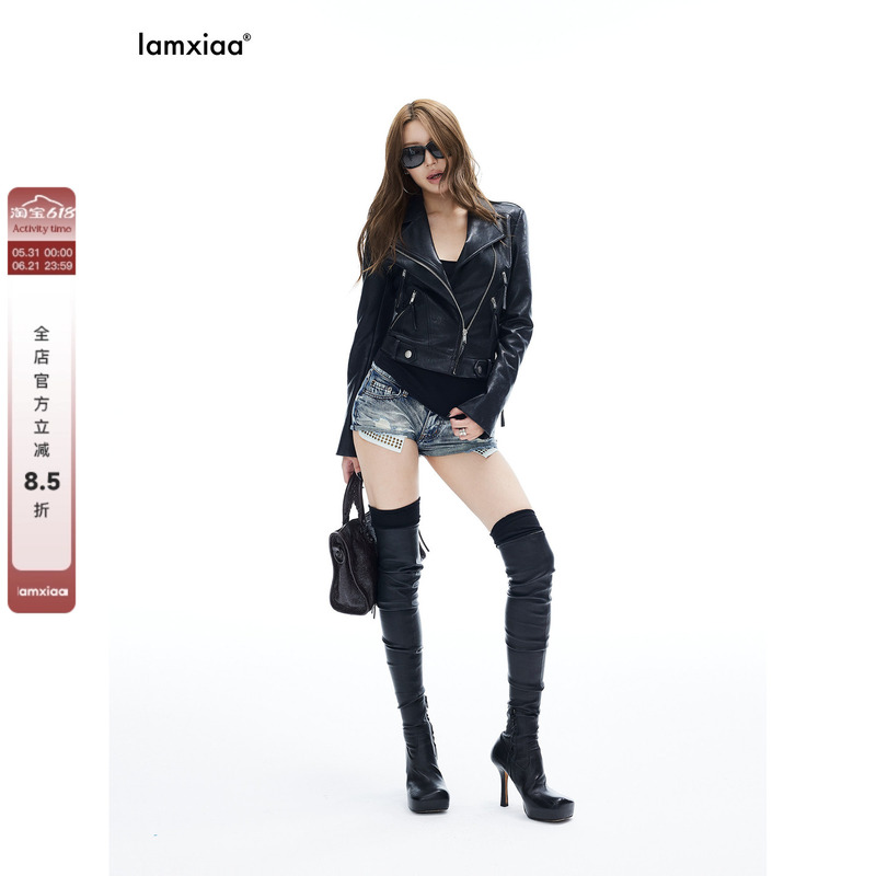 Iamxiaa* Eco-Friendly Leather Heavy-Duty Matte Flat Lapel Cool Zipper Functional Style Slim Short Leather Jacket Iamxiaa* Eco-Friendly Leather Heavy-Duty Matte Flat Lapel Cool Zipper Functional Style Slim Short Leather Jacket