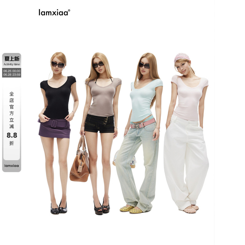 Iamxiaa* Modal Stretch Knit Sweetheart Neckline Cap Sleeve Wing Small Print Tight T-Shirt Available in Four Colors