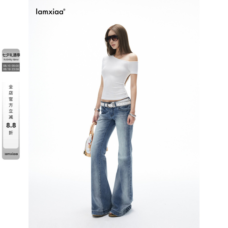 Iamxiaa* Retro Gradient Washed Low-Waist Slightly Flared Slim-Fit Denim Pants