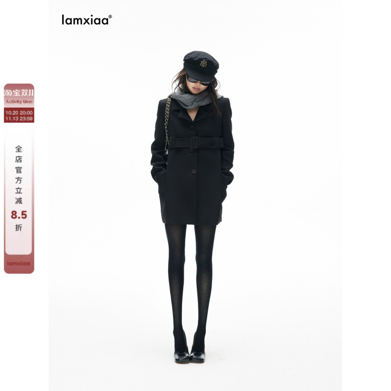 Iamxiaa* Soft and Supple, Slim-Fitting, Thin Woolen Blazer with Notched Lapel, High-Waisted Belt, Fabric-Covered Buttons, and a Mid-Length Suit-Style Coat