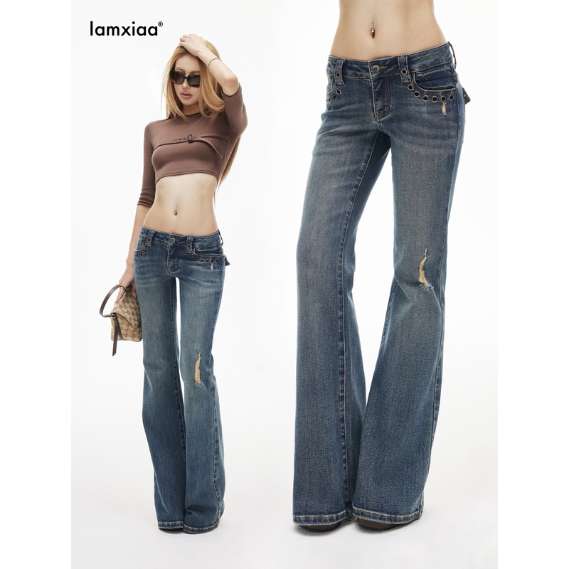Iamxiaa* Cotton Vintage Washed 90S Low-Rise Short-Crotch Antique Silver Metal Eyelet Slim-Fit Flared Jeans Iamxiaa* Cotton Vintage Washed 90S Low-Rise Short-Crotch Antique Silver Metal Eyelet Slim-Fit Flared Jeans