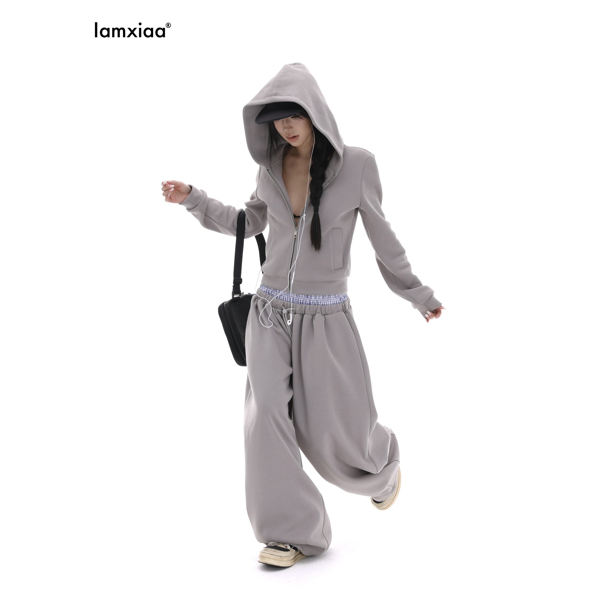 iamxiaa* デザインセンスタイトショートクラシックフード付き両面グレースウェットシャツスーツレディース春秋