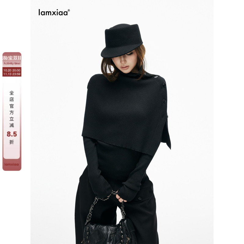 Iamxiaa* Fine Ribbed Knit Stand-Up Collar Buttoned Cape Henry Collar Basic Slim-Fit Base Shirt Real Two-Piece Set