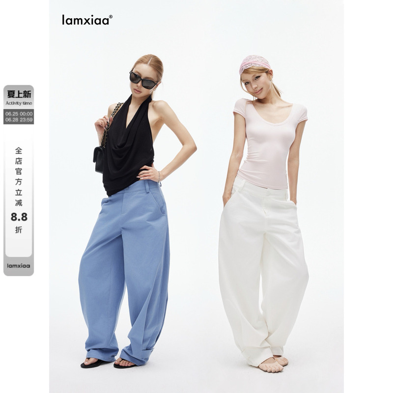 Iamxiaa*100% Cotton Twill Lazy Retro Low-Waist Adjustable Hem Scimitar Wide-Leg Pants Refreshing Two-Tone