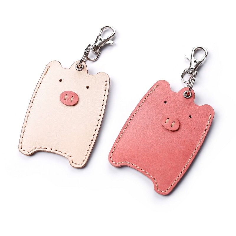 Handmade card cover keychain pig leather access control card set original cowhide bus card round card creative protective cover