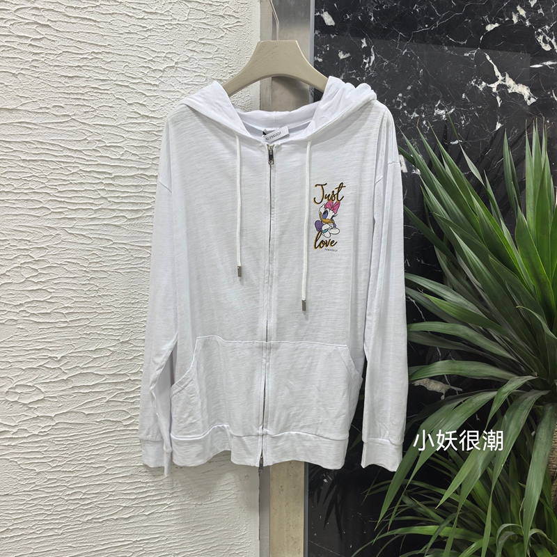 Boutique Cartoon Duck Print Hooded Zip-Up Cardigan for Women, Summer Thin Loose Sun Protection Clothing, Air Conditioning Jacket