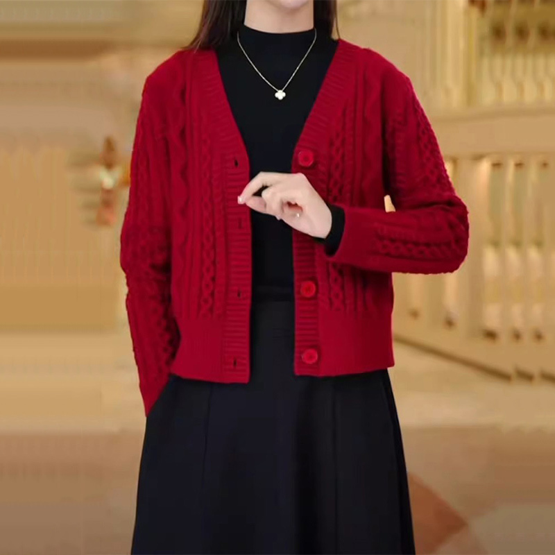 Wool Knitted Cardigan for Women, Spring and Autumn Outerwear, Solid Color, Simple Top, Loose and Stylish, Short Long-Sleeved Sweater Jacket