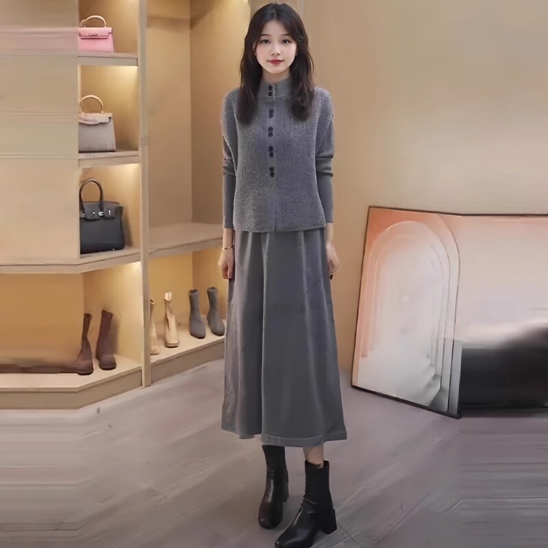 Two-Piece Suit, Knitted Sweater, Vest, Dress, Women's Autumn and Winter Mid-Length Over-The-Knee Sweater, Vest, Bottoming Skirt, Loose Two-Piece Suit, Knitted Sweater, Vest, Dress, Women's Autumn and Winter Mid-Length Over-The-Knee Sweater, Vest, Bottoming Skirt, Loose