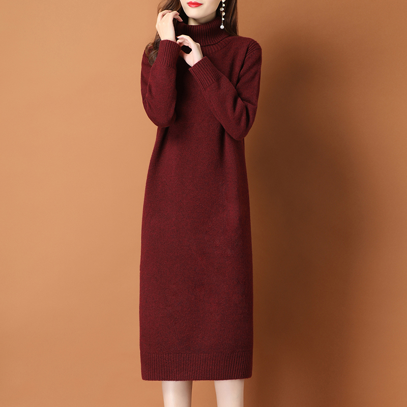 Wear a Dress under a Coat for Women in Autumn and Winter, Mid-Length, Over-The-Knee Knitted Base Shirt, Stylish, Loose, High-Necked Sweater, Thick