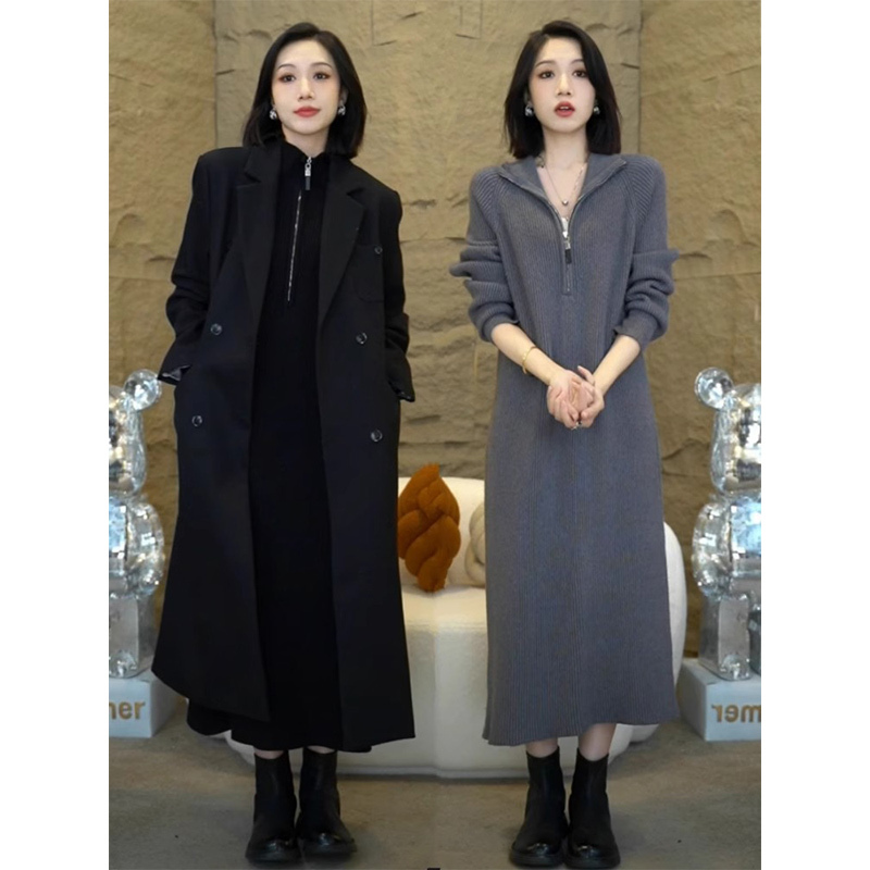 Solid Color Zipper Sweater Dress for Women, Autumn and Winter, Long Over-The-Knee Knit Sweater, Loose Base Dress to Wear with a Coat Solid Color Zipper Sweater Dress for Women, Autumn and Winter, Long Over-The-Knee Knit Sweater, Loose Base Dress to Wear with a Coat