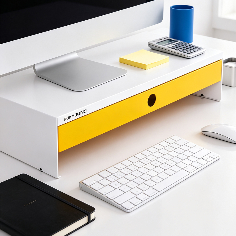Fengyang Metal White-Yellow Desktop Computer Monitor Riser Stand Screen Base Desktop Storage Rack with Drawer