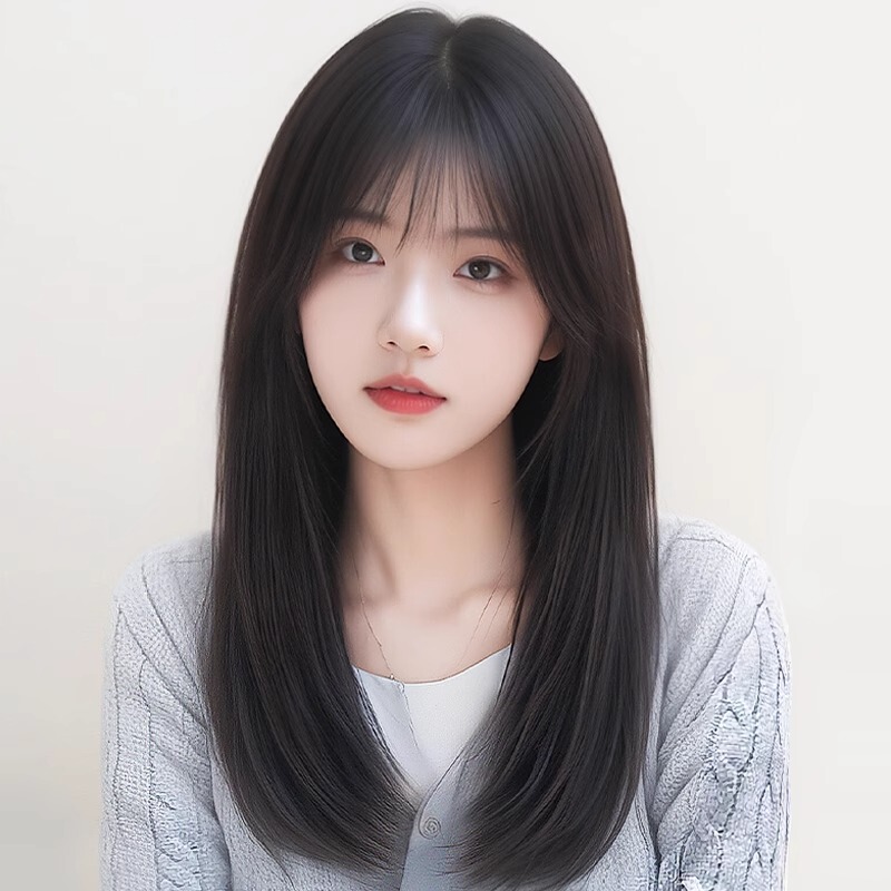 Wig for Women, Medium-Long Hair, Natural and Breathable, Full Headpiece, Realistic Korean-Style Girl's Collarbone-Length Hair, Everyday Full Wig Set