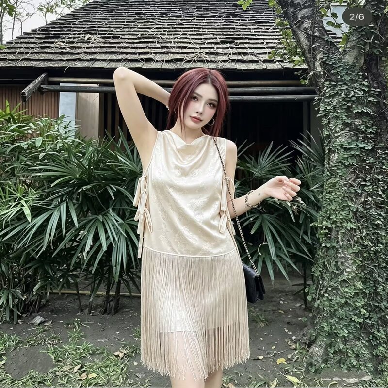European and American Style Heavy-Duty Crochet Tassel Sleeveless Dress for Women, Fashionable and Versatile Short Dress with Tassels European and American Style Heavy-Duty Crochet Tassel Sleeveless Dress for Women, Fashionable and Versatile Short Dress with Tassels