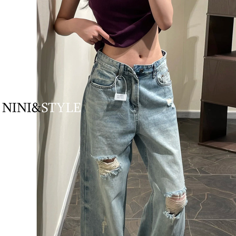 Light-Colored Ripped Wide-Leg Jeans for Women, Autumn 2026 New Style, High-Waisted, Slimming, Loose Fit, Petite Narrow Straight-Leg Pants Light-Colored Ripped Wide-Leg Jeans for Women, Autumn 2026 New Style, High-Waisted, Slimming, Loose Fit, Petite Narrow Straight-Leg Pants