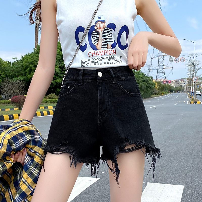 Black hole denim shorts women's 2020 summer thin section loose high waist thin a word wide leg ins hot pants tide