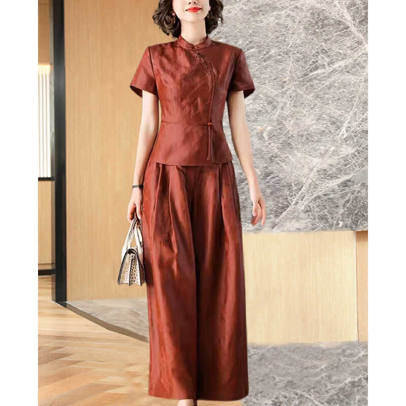Fashionable Xiangyunsha High-End Brand Suit Young New Women's Summer Dress Western Style Mother's Silk Wide-Leg Pants Two-Piece Set
