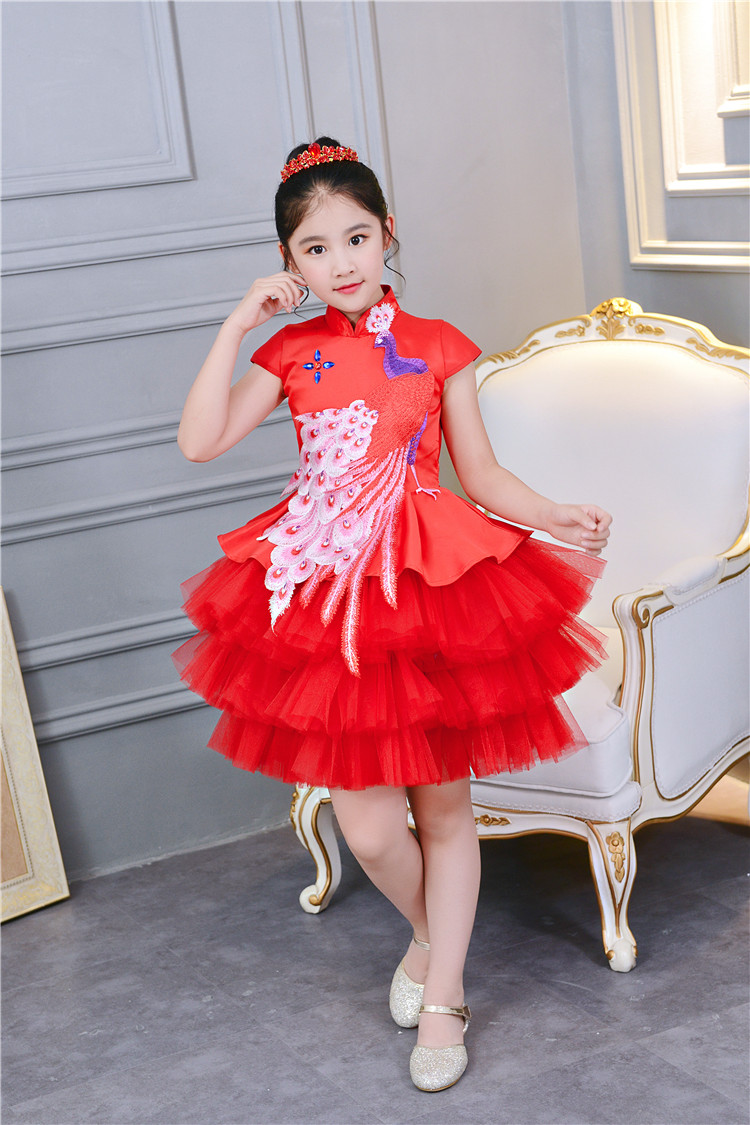 Trẻ em mặc váy trẻ em công chúa váy đỏ trẻ em sườn xám hoa cô gái váy đầm guzheng trang phục mùa hè váy công chúa bé gái cao cấp