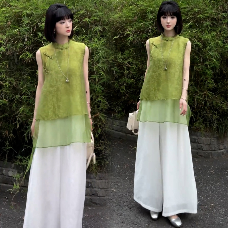 New Chinese-Style National Style Sleeveless Top Two-Piece Set for Women 2026 Summer Fashion Green Outfit Minimalist Relaxed Style Outfit New Chinese-Style National Style Sleeveless Top Two-Piece Set for Women 2026 Summer Fashion Green Outfit Minimalist Relaxed Style Outfit
