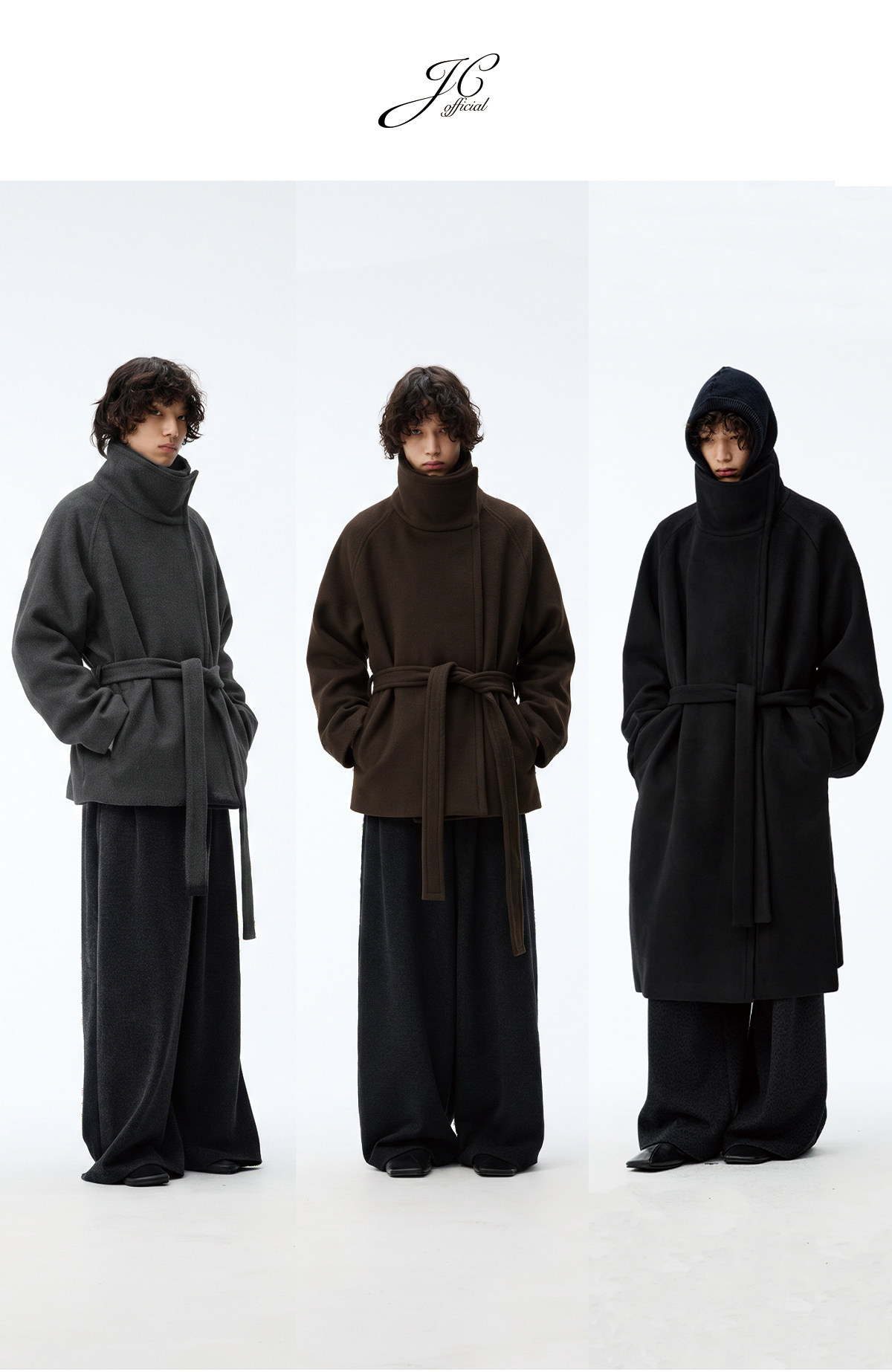 JCAESAR Diagonal Zip Tie Wool Long Coat