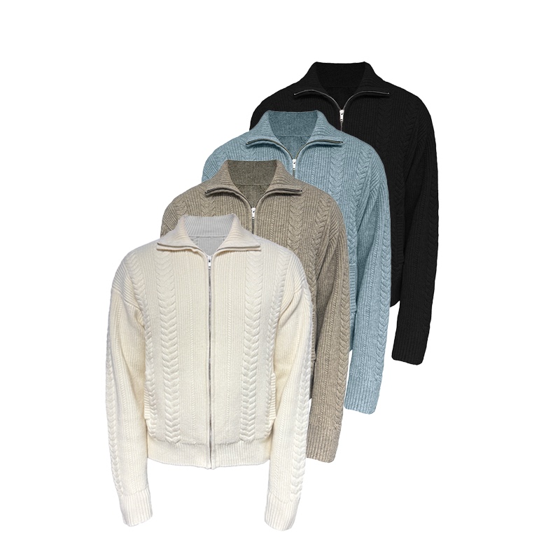 Jcaesar Wheat Sweater Wheat-Colored Cable Knit Zipper Sweater, Loose Fit, Textured Pattern