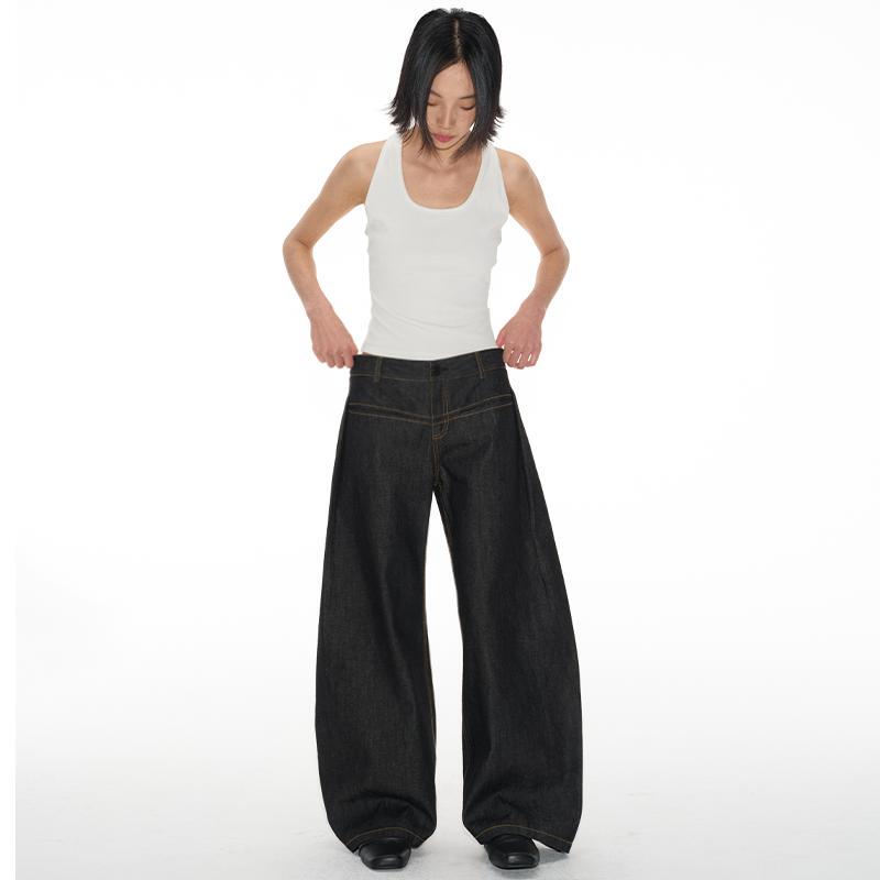 Jcaesar Denims I-Shaped Pleated Banana Pants, Straight Low-Waist Scimitar Style, Yellow Stitching Original Color Jeans