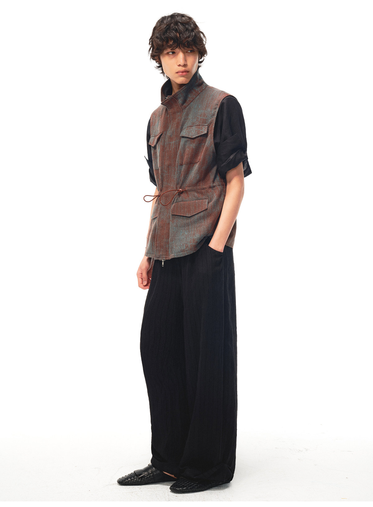 JCAESAR Blue-Brown Striped Four-Pocket Drawstring Vest