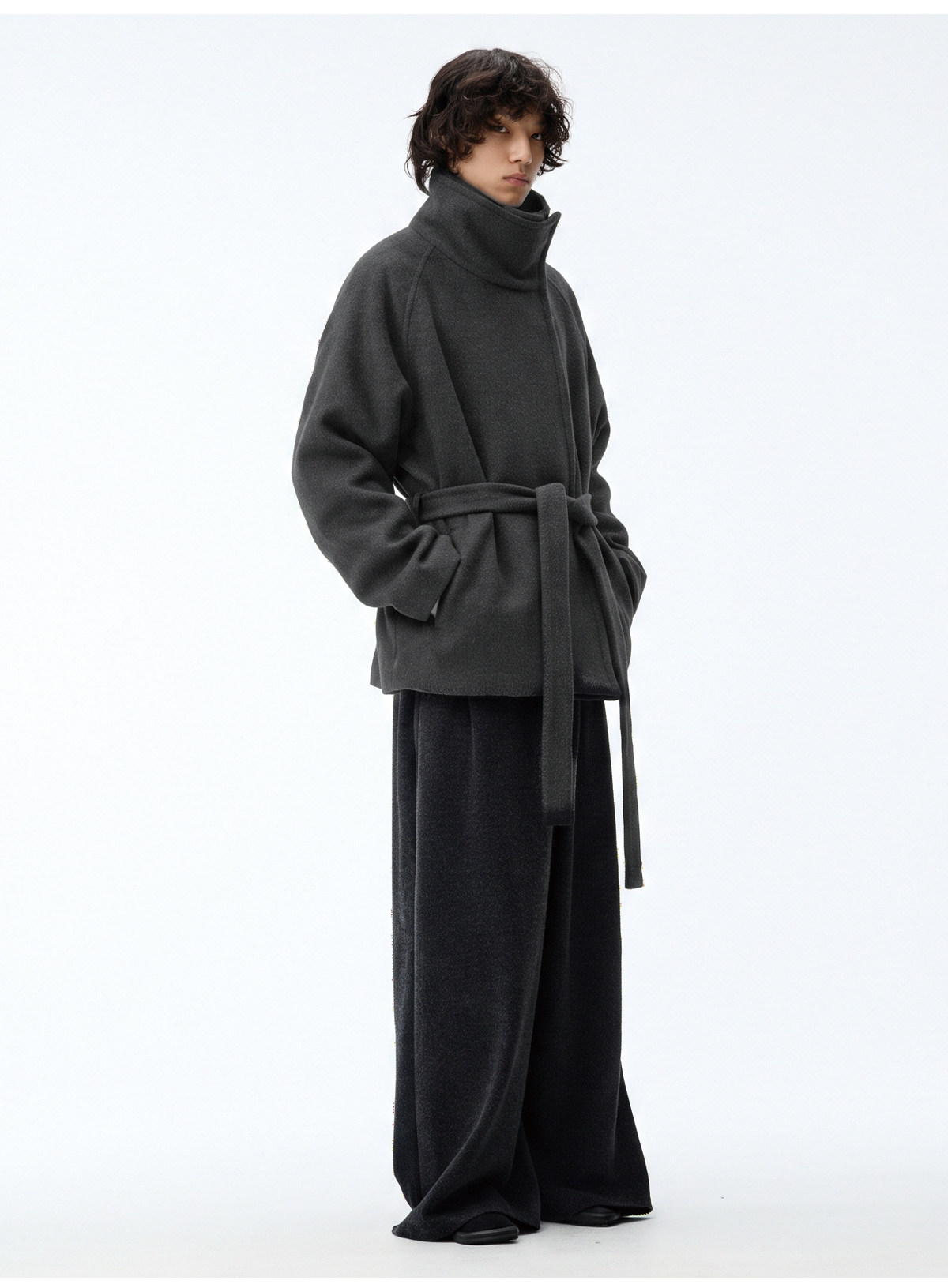 JCAESAR Diagonal Zip Tie Wool Long Coat